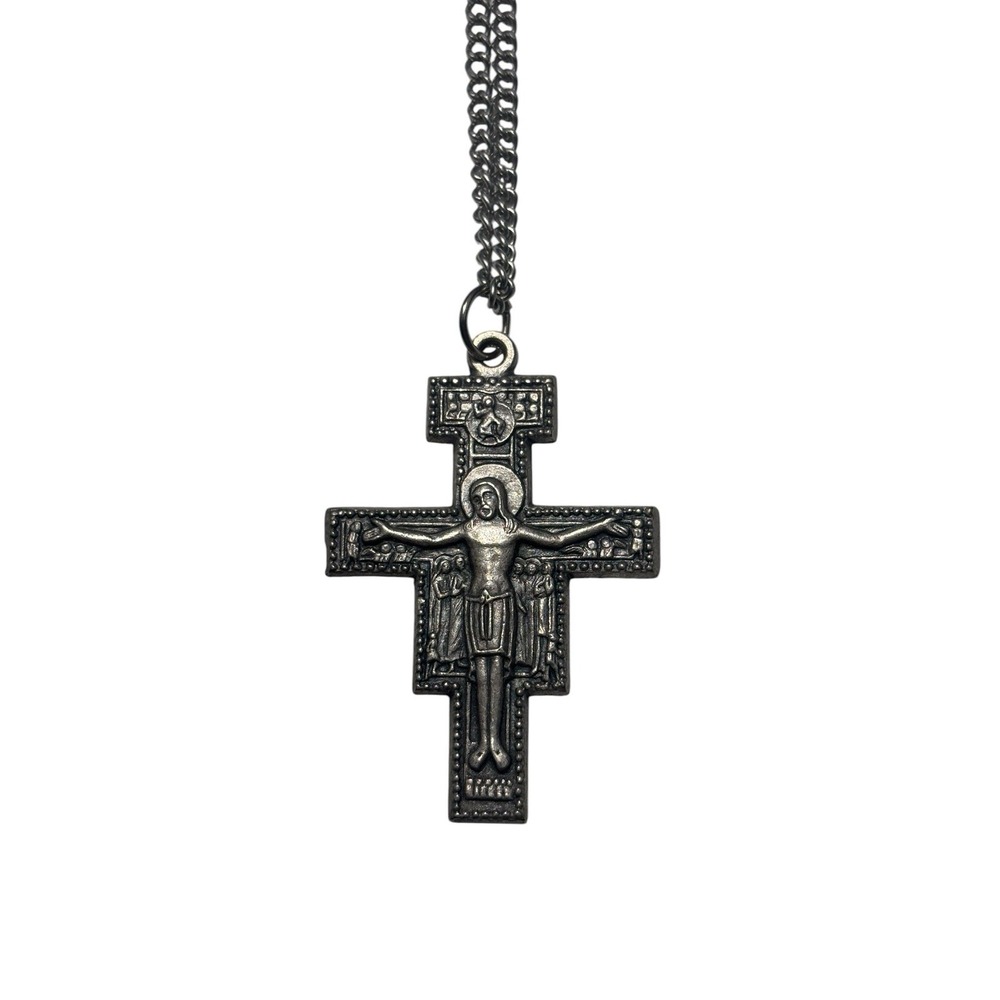 Vintage Italy Silver Tone Etched San Damiano Crucifix Christian Cross Necklace - Picture 4 of 9